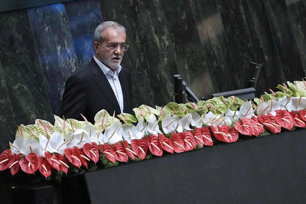 Newly-elected President Masoud Pezeshkian delivers a speech after taking his oath in a ceremony at the Parliament in Tehran, Iran, July 30, 2024 (AP/Vahid Salemi)