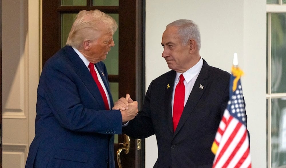 US President Donald Trump, left, shakes hands with Israeli Prime Minister Benjamin Netanyahu as he leaves the West Wing of the White House, Monday, April 7, 2025, in Washington. (AP)