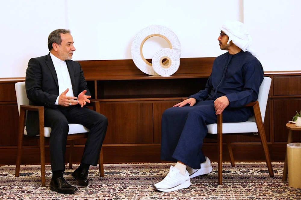 Iranian Foreign Minister Abbas Araghchi, left, speaks with his Emirati counterpart Sheik Abdullah bin Zayed al-Nahyan during their meeting, in Abu Dhabi, United Arab Emirates, Monday, May 12, 2025 (AP)