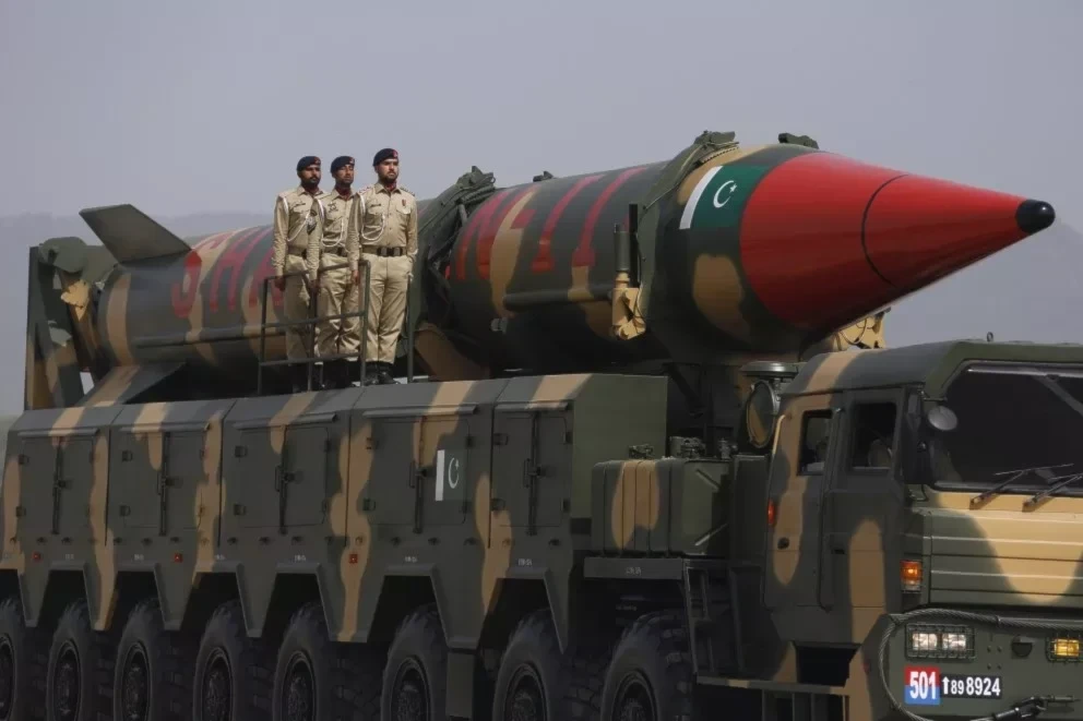 A Pakistani-made Shaheen-III missile capable of carrying nuclear warheads is displayed during a military parade in Islamabad on March 23, 2022. Anjum Naveed/AP Photo