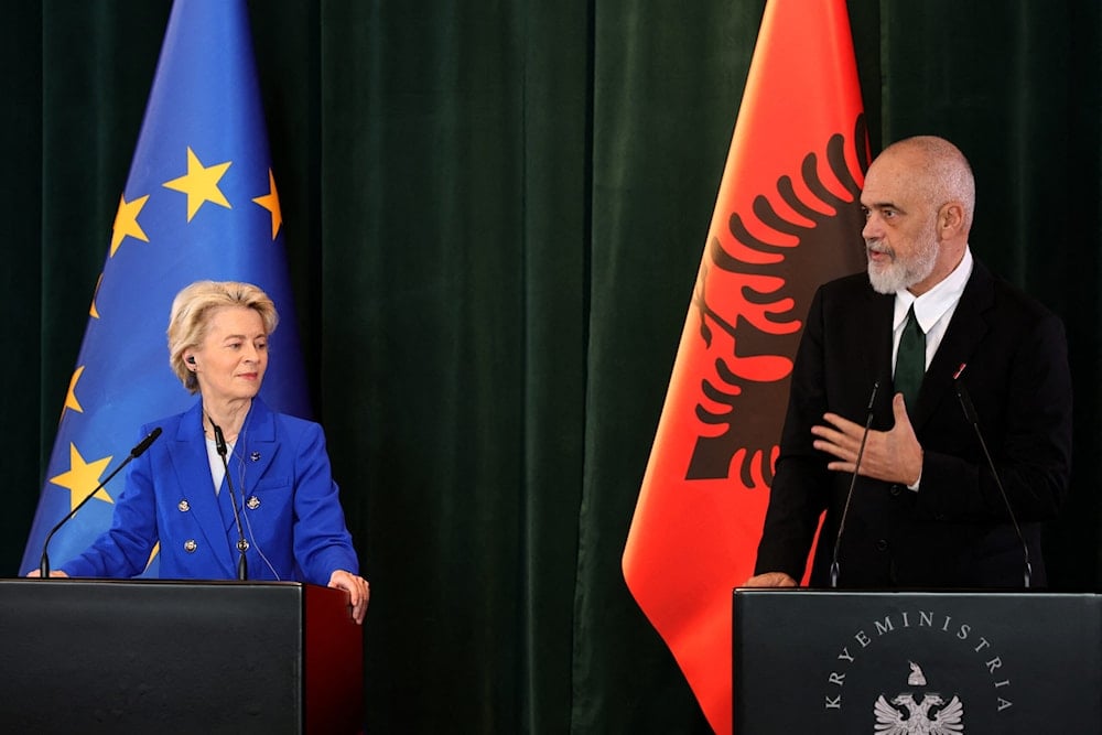 Albania's Prime Minister Edi Rama, right, and President of the European Commission Ursula von der Leyen attend a press conference in Tirana, on October 23, 2024 (Adnan Beci / AFP)