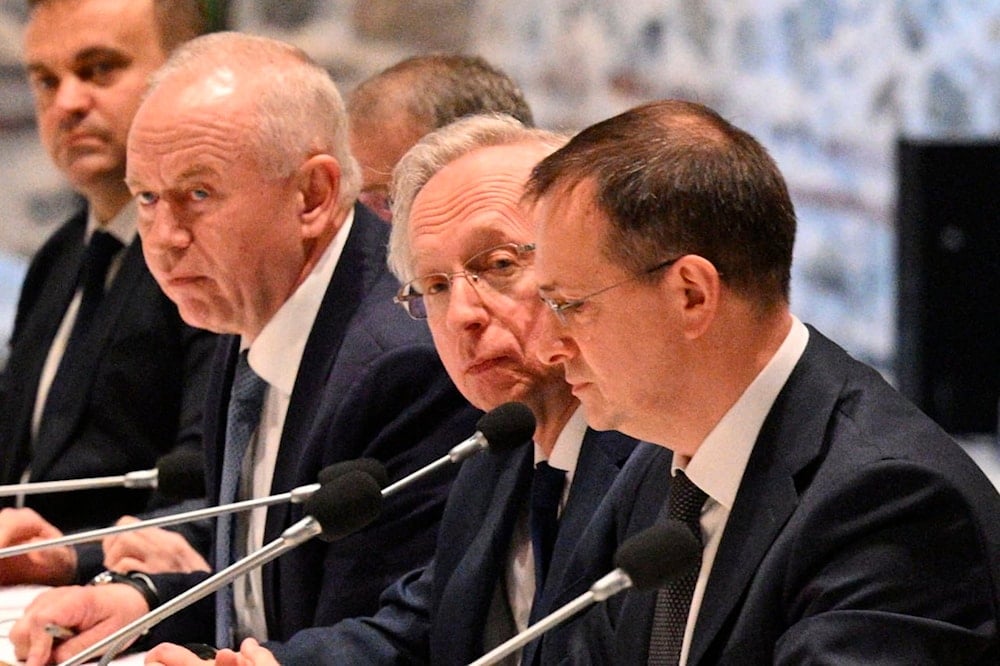 Russian presidential aide, Vladimir Medinsky, right, and other members of Russian delegation attend talks with Ukrainian delegation at the Dolmabache palace, in Istanbul, Turkey, Ton Friday, May 16, 2025 (AP)