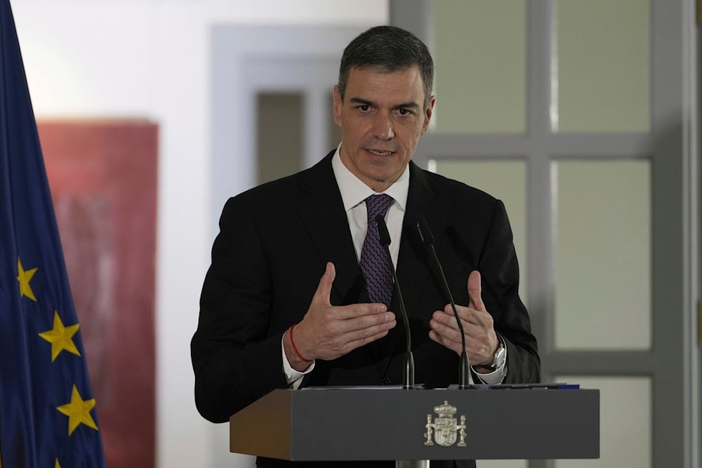 Spain's Prime Minister Pedro Sanchez speaks during a press conference at the Spanish Embassy in Beijing Friday, April 11, 2025 (AP)