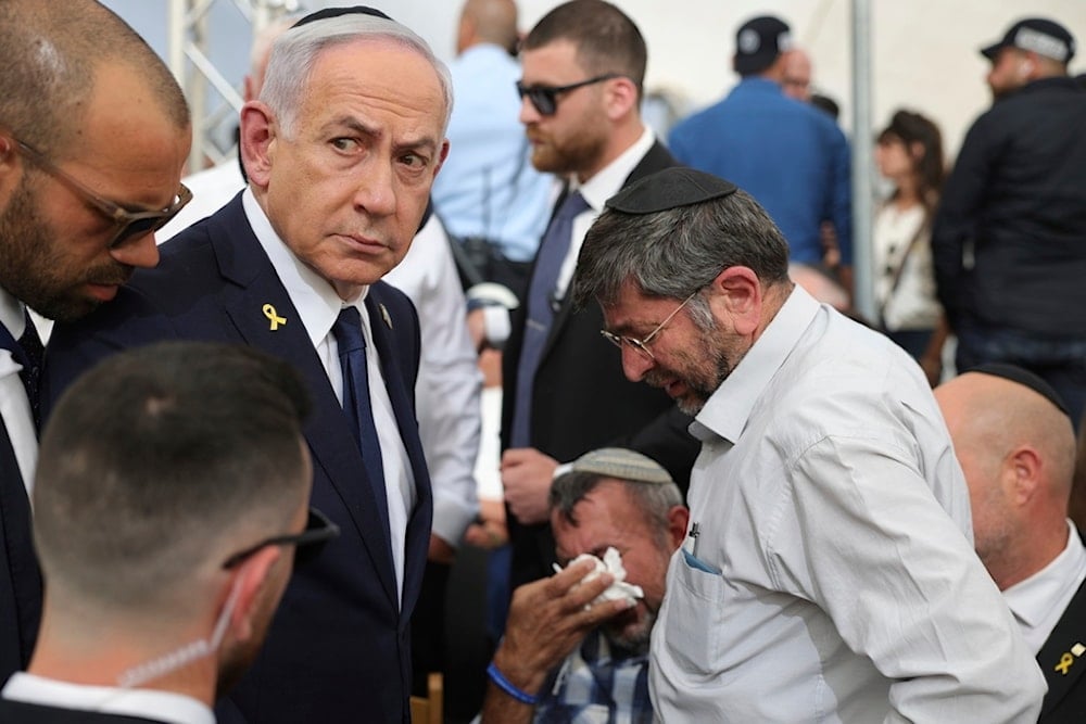 Israeli Prime Minister Benjamin Netanyahu during the annual ceremony at the Yad LaBanim Memorial in occupied al-Quds on Tuesday, April 29, 2025 (AP)