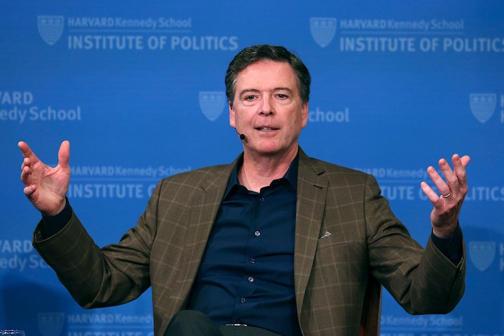 Former FBI director James Comey gestures while speaking at Harvard University's Institute of Politics' JFK Jr. Forum in Cambridge, Mass., Feb. 24, 2020. (AP)
