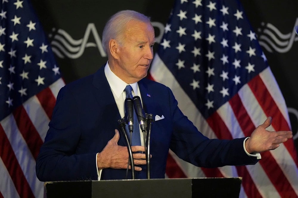 Former US President Joe Biden gestures during a speech at the Advocates, Counselors, and Representatives for the Disabled conference in Chicago, Tuesday, April 15, 2025 (AP)