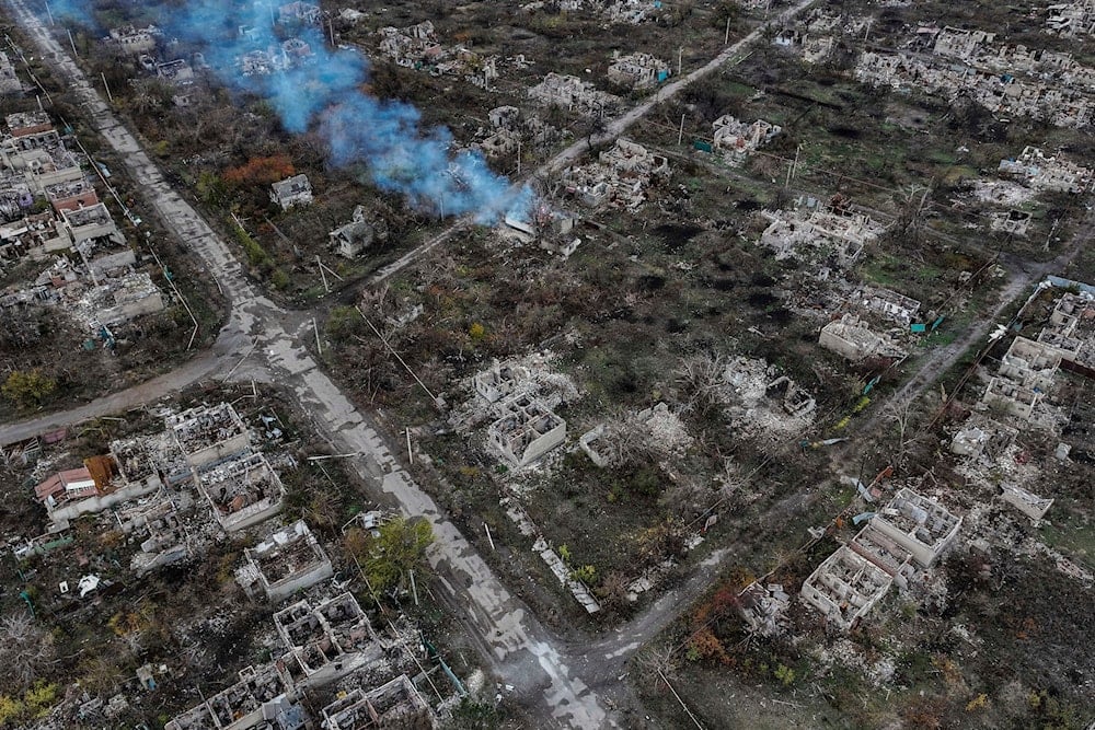 An aerial view of Chasiv Yar shows the frontline city in ruins after heavy fighting between Russian and Ukrainian forces, Donetsk Region, Ukraine, Monday Nov. 11, 2024. (AP)