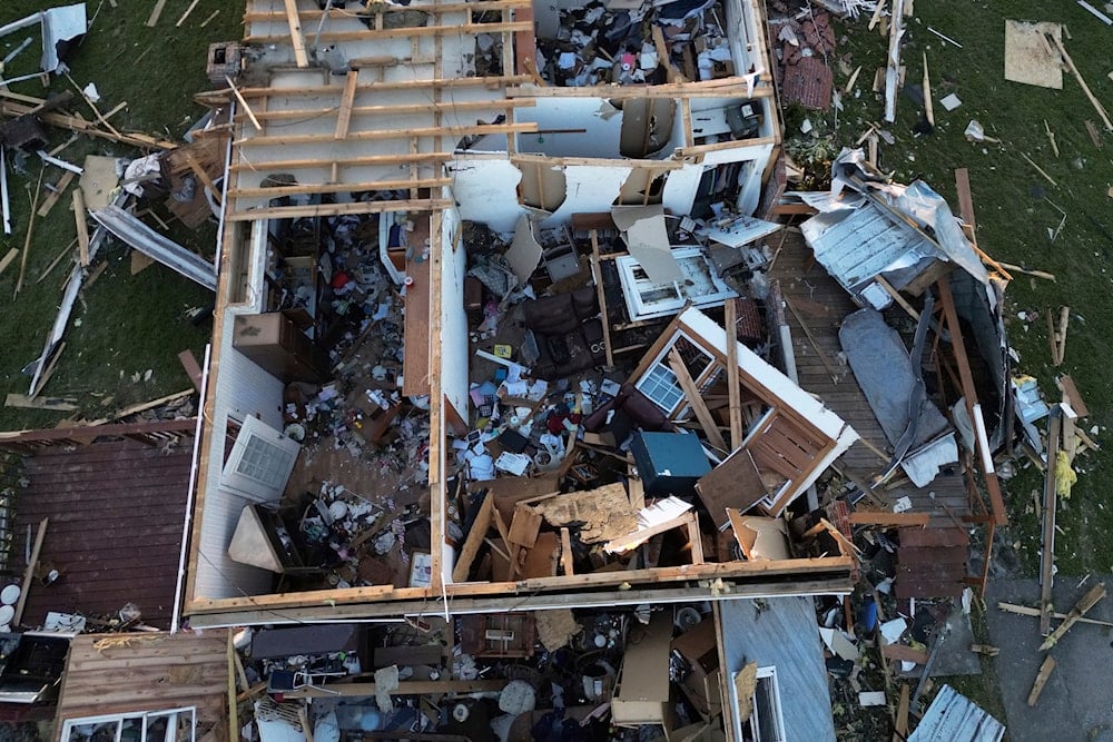 A destoryed home is seen from above after a severe storm passed through the area, Saturday, May 17, 2025, in London, Ky. (AP)