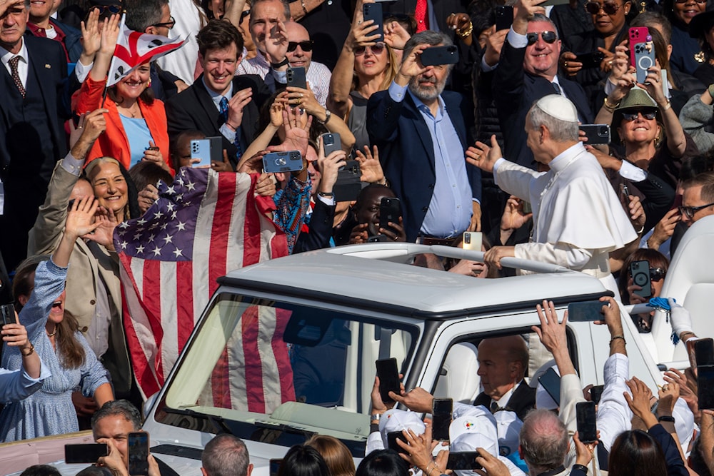 Pope Leo XIV on his popemobile tours St. Peter's Square at the Vatican prior to the inaugural Mass of his pontificate, Sunday, May 18, 2025. (AP)
