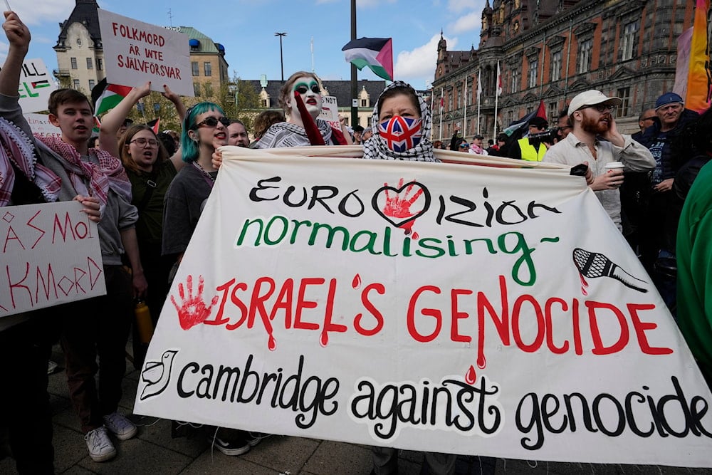 Pro-Palestinian demonstrators gather for a protest against the participation of Israeli contestant Eden Golan ahead of the final of the Eurovision Song Contest in Malmo, Sweden, Saturday, May 11, 2024. (AP)