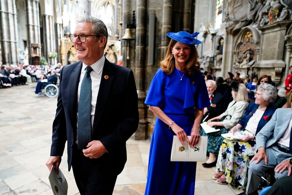 Britain's Prime Minister Sir Keir Starmer and his wife Lady Victoria Starmer attend a Service of Thanksgiving at Westminster Abbey on V-E Day in London, Thursday, May 8, 2025. (AP)