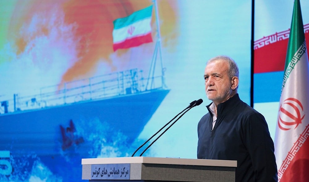 In this photo released by the Iranian Presidency Office, President Masoud Pezeshkian speaks to navy officials, in Tehran, Iran, Saturday, May 17, 2025. (AP)