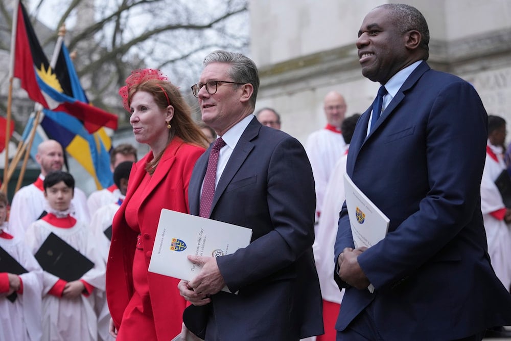 Britain's Prime Minister Keir Starmer, Deputy Prime Minister Angela Rayner and Foreign secretary David Lammy leave after attending the annual Commonwealth Day Service at Westminster Abbey in London, Monday, March 10, 2025. (AP)