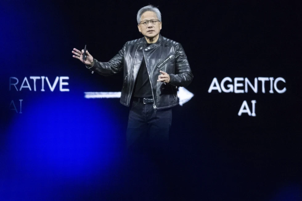 CEO Jensen Huang talks during the keynote address of Nvidia GTC Tuesday, March 18, 2025, in San Jose, Calif. (AP Photo/Nic Coury)