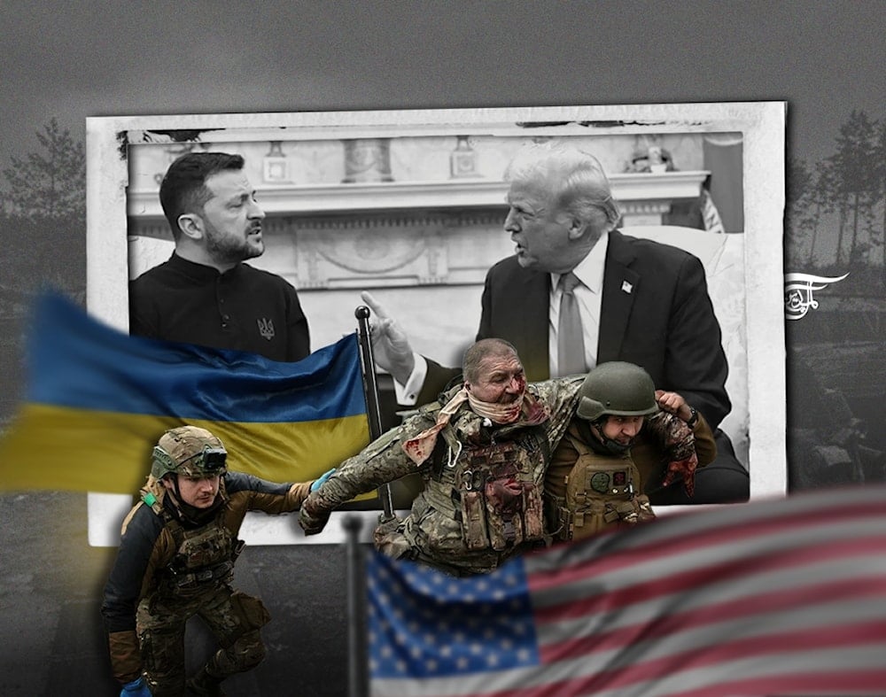 The government in Kiev is an institution at the service of the Western powers. Since 2014, it has obliterated Ukraine's sovereignty in a destructive path aiming to become the West’s ‘anti-Russia’. (Al Mayadeen English; Illustrated by Zeinab El-Hajj)