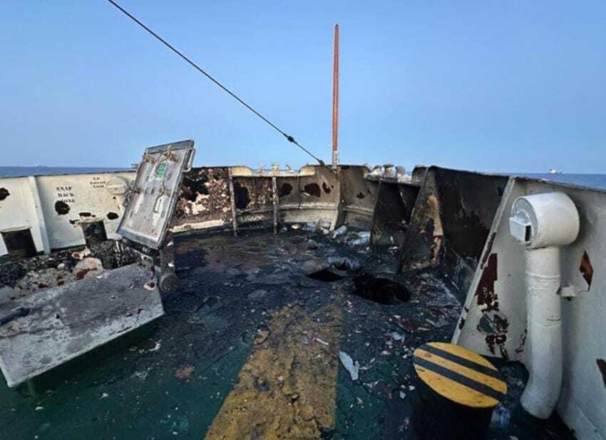 The damage done by two drone strikes on the hull of the Global Conscience ship in international waters near Malta, May 2, 2025 (X/ @LautaroRivara)