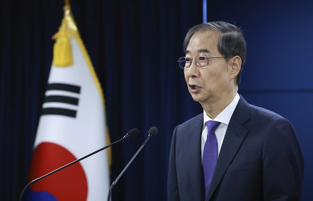 South Korean Former Acting President Han Duck-soo speaks during a press conference at the Government Complex in Seoul, South Korea, May 1, 2025 (Hong Hae-in/AP)