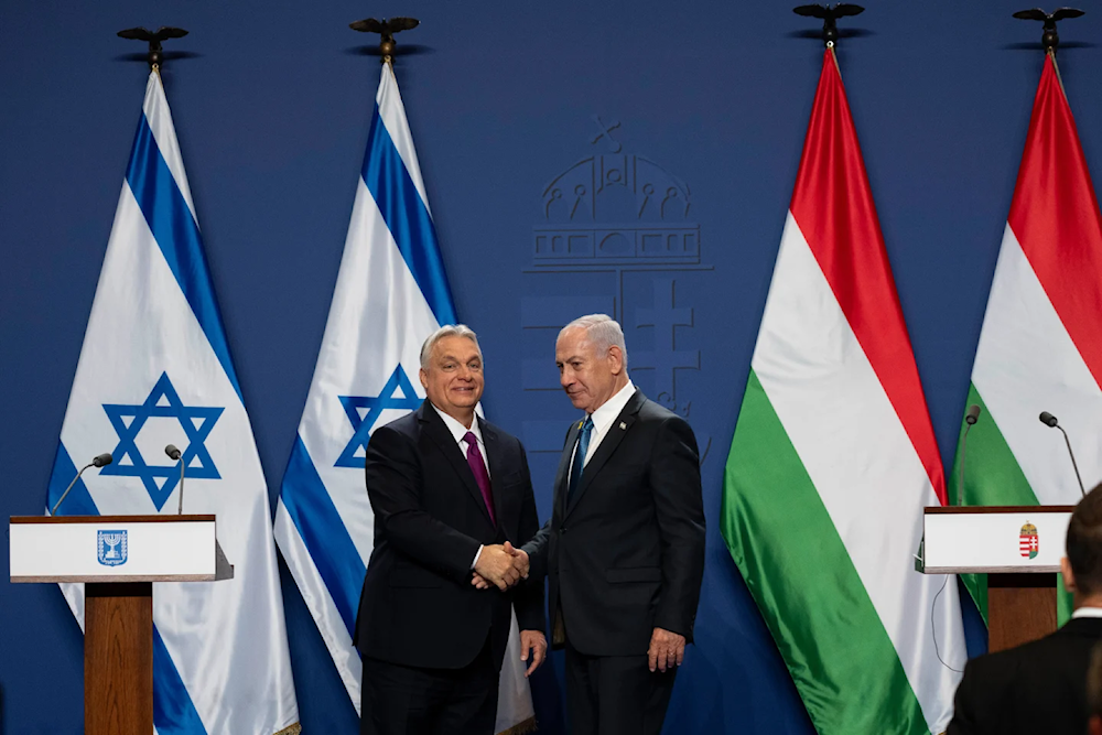 Hungarian Prime Minister Viktor Orban, left, and Israeli Prime Minister Benjamin Netanyahu shake hands after a press statement at the Carmelite Monastery in the Buda Castle in Budapest, Hungary, April 3, 2025 (AP/Denes Erdos)