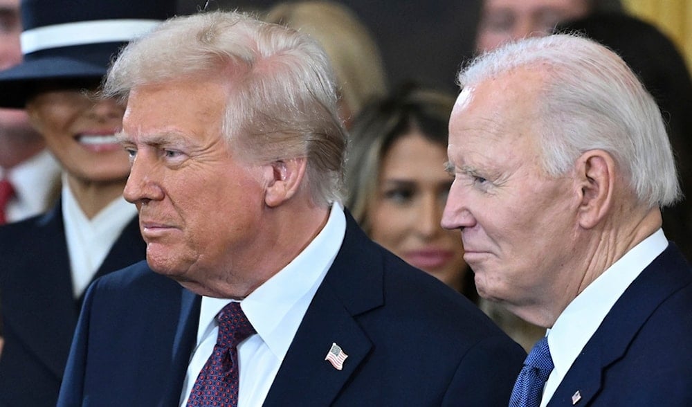 Joe Biden and Donald Trump stand together before the start of the 60th Presidential Inauguration in the Rotunda of the US Capitol in Washington, Jan. 20, 2025. (AP)