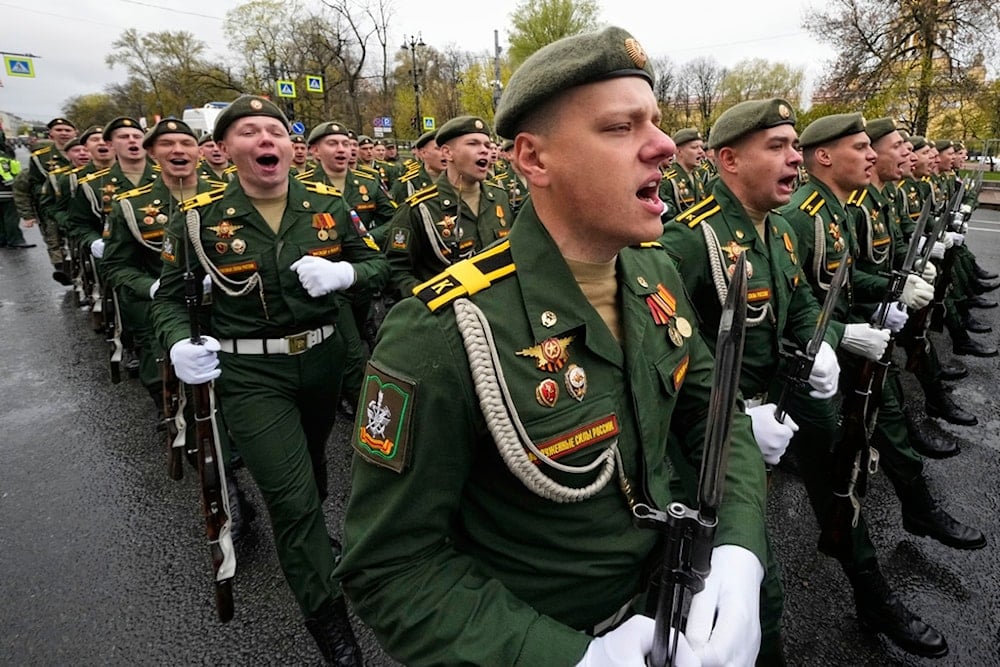 Russian army soldiers march to attend a dress rehearsal for the Victory Day military parade at the Dvortsovaya (Palace) Square in St. Petersburg, Russia, Wednesday, May 7, 2025 (AP)