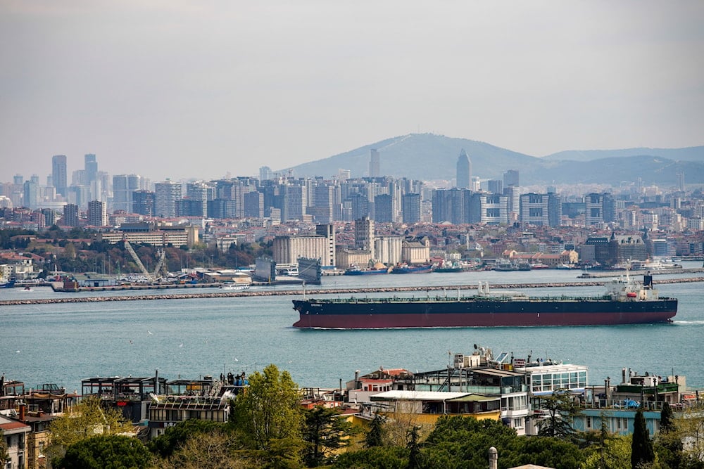 Crude oil tanker Orion I sails through the Bosphorus, in Istanbul, Turkiye, Sunday, April 13, 2025 (AP)
