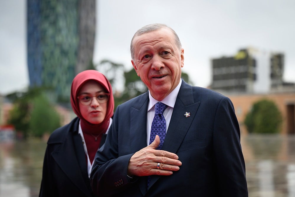 Turkey's President Recep Erdogan arrives at the beginning of a summit where the leaders of 47 European countries and organizations will discuss security, defense and democratic standards, in Tirana, Albania, Friday, May 16, 2025 (AP)