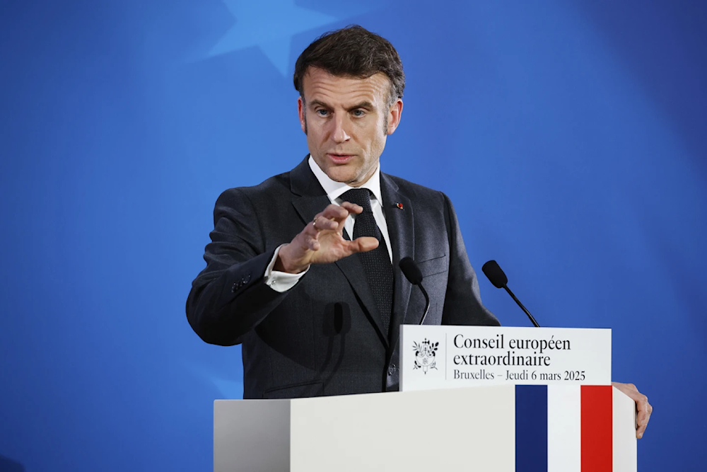 French President Emmanuel Macron speaks during a media conference at an EU Summit in Brussels, March 6, 2025 (AP/Omar Havana)