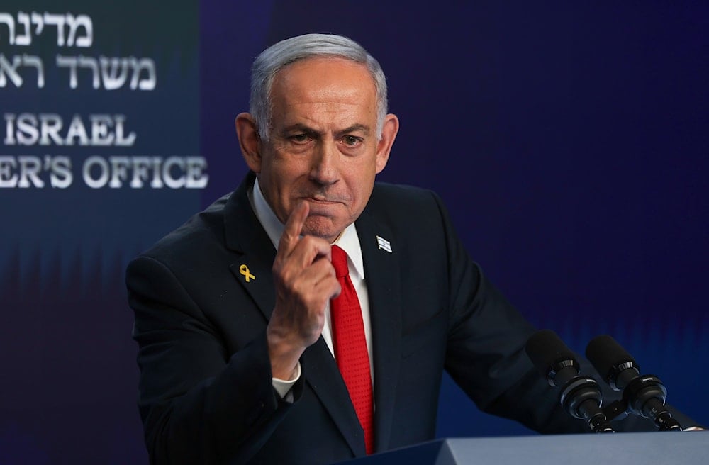 Israeli Prime Minister Benjamin Netanyahu speaks during a press conference in occupied al-Quds, Wednesday, May 21, 2025. (Ronen Zvulun/Pool Photo via AP)