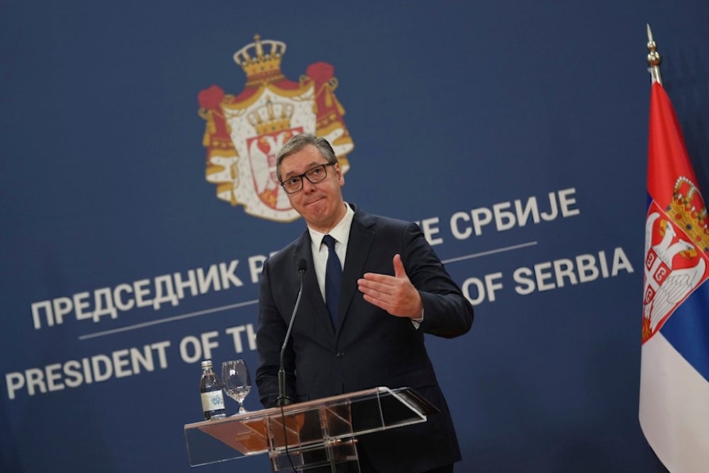 Serbian President Aleksandar Vucic speaks during a press conference after talks with European Council President Antonio Costa at the Serbia Palace in Belgrade, Serbia, Tuesday, May 13, 2025 (AP)