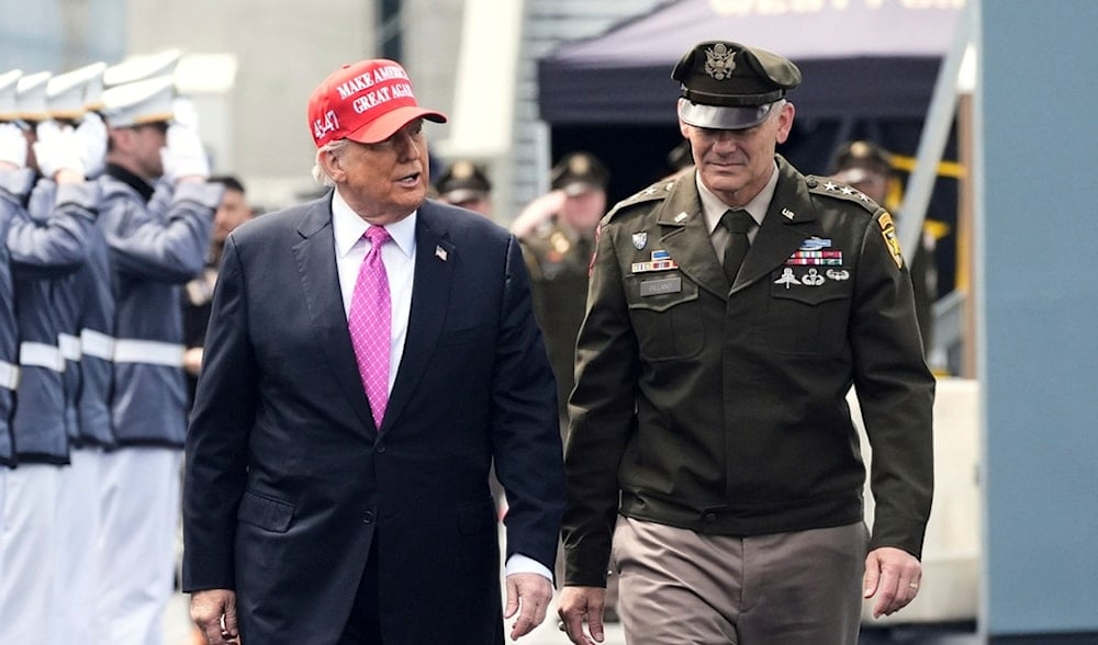 President Donald Trump, left, departs with U.S. Military Academy Superintendent Lt. Gen. Steven W. Gilland after speaking to United States Military Academy graduating cadets during commencement ceremonies in West Point, N.Y., Saturday, May 24, 2025. (AP)