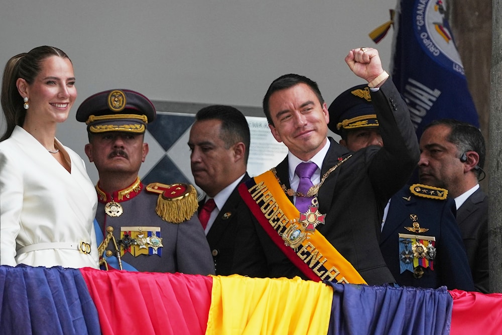 Ecuador's President Daniel Noboa and his wife, Lavinia Valbonesi, acknowledge supporters from the balcony of the presidential palace after his swearing-in ceremony for a second term in Quito, Ecuador, Saturday, May 24, 2025. (AP)