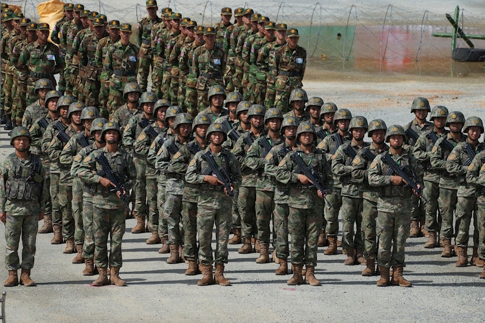Chinese military personnel line up during the Golden Dragon military exercise in Svay Chok village, Kampong Chhnang province, north of Phnom Penh Cambodia, Thursday, May 30, 2024 (AP)