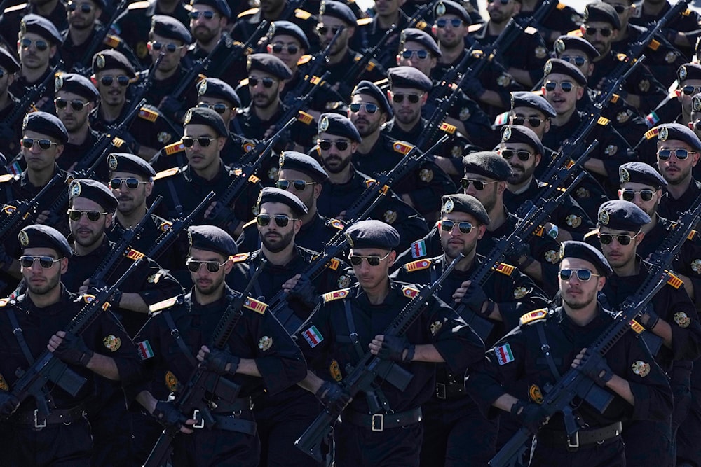 Iranian army cadets march during a parade commemorating National Army Day in front of the shrine of Iranian leader Sayyed Ayatollah Khomeini, just outside Tehran, Iran, Friday, April 18, 2025. (AP)
