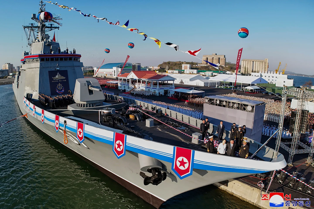 DPRK leader Kim Jong Un, second right, and his daughter, third right, seen at the bottom right, attend a ceremony to unveil a new naval destroyer at a Western port in Nampo, North Korea, April 25, 2025 (Korean Central News Agency/AP)