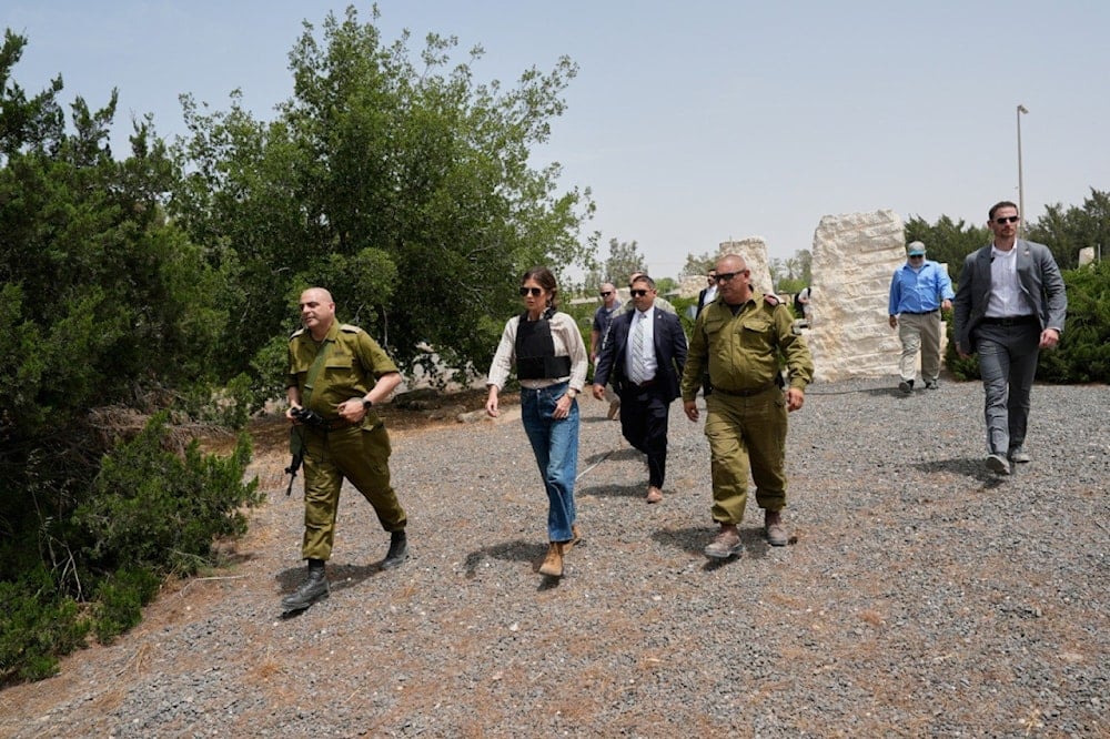 US Homeland Security Secretary Kristi Noem visits the Black Arrow memorial site in the Kibbutz Mefalsim on the border with the Gaza Strip on May 26, 2025. (Photo by Alex Brandon / POOL / AFP)