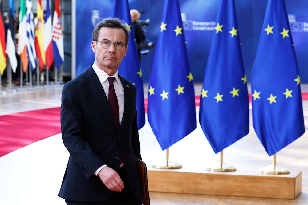 Sweden's Prime Minister Ulf Kristersson arrives for an EU Summit at the European Council building in Brussels, Thursday, March 6, 2025 (AP)