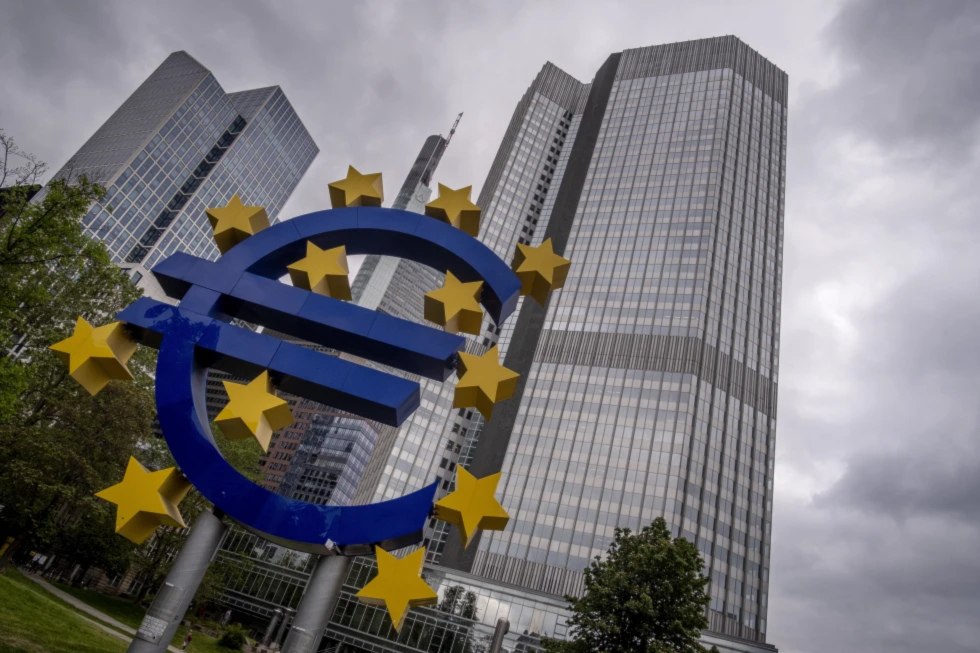 The Euro sculpture stands in front of the former headquarters of the European Central Bank (ECB) in Frankfurt, Germany, Tuesday, May 23, 2023. (AP/Michael Probst)