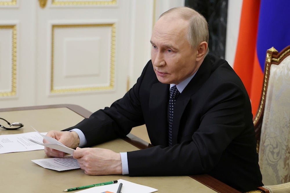 Russian President Vladimir Putin chairs a meeting of the Commission for Military Technical Cooperation with Foreign States via videoconference at the Kremlin in Moscow, Russia, on May 23, 2025. (Alexander Kazakov, Sputnik, Kremlin Pool Photo via AP)