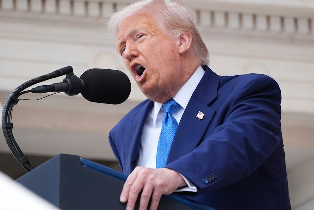 President Donald Trump speaks during the 157th National Memorial Day Observance at Arlington National Cemetery, Monday, May 26, 2025, in Arlington, Va (AP)