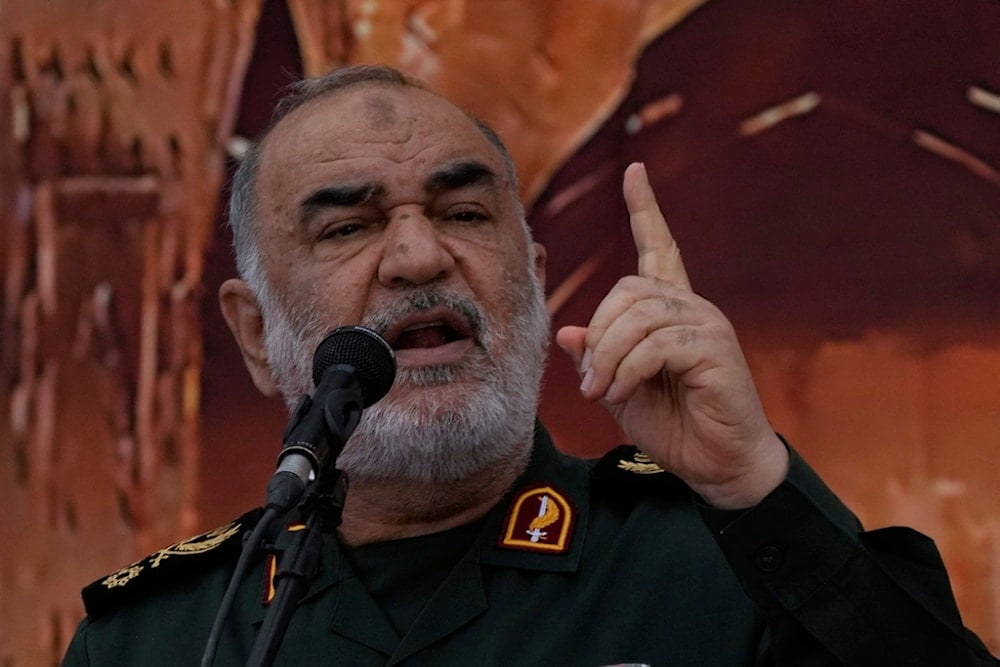 Chief of Iran's paramilitary Revolutionary Guard Gen. Hossein Salami speaks in a ceremony commemorating late Iranian President Ebrahim Raisi, the country's foreign minister and several other officials, in Tehran, Iran, Thursday, May 15, 2025 (AP)