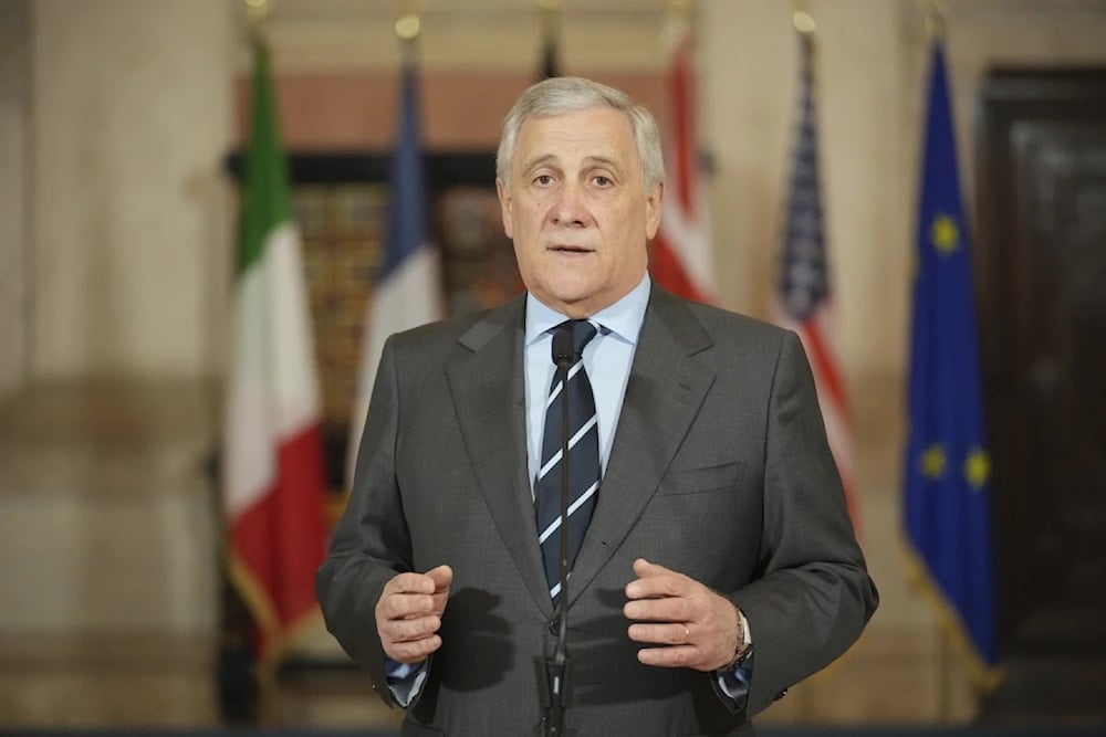 Italian Foreign Minister Antonio Tajani speaks to the media as he arrives for a meeting at Rome's Villa Madama, January 9, 2025 (AP/Andrew Medichini)