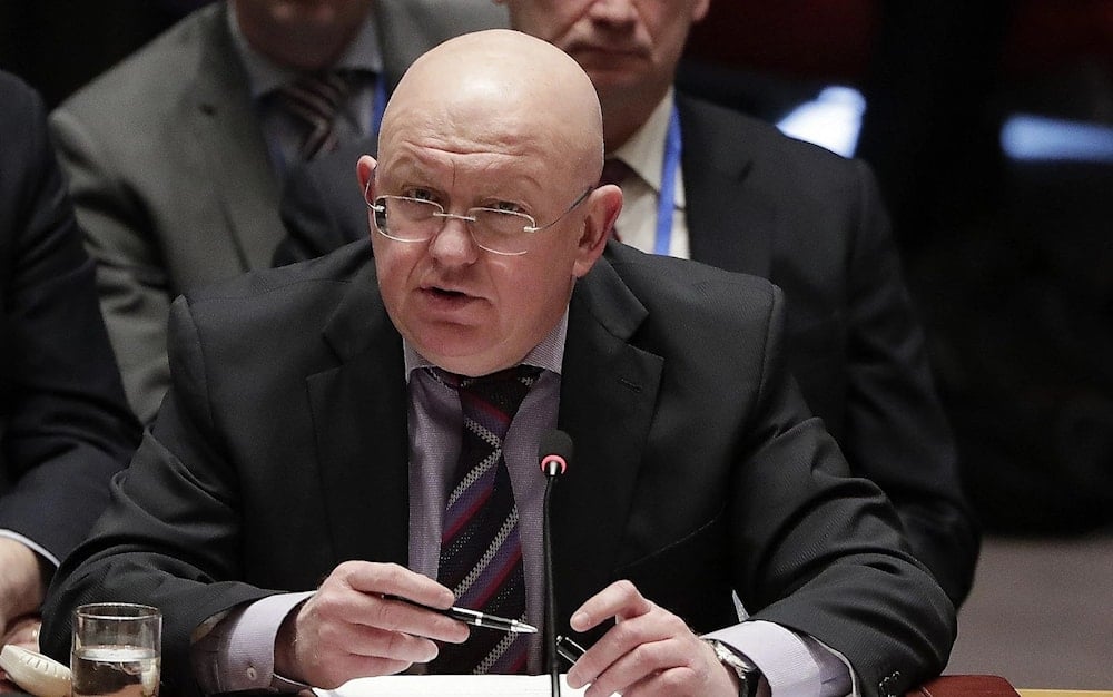 Russian Ambassador to the United Nations Vasily Nebenzya talks before a vote during a Security Council meeting, Tuesday, April 10, 2018, at United Nations headquarters (AP)