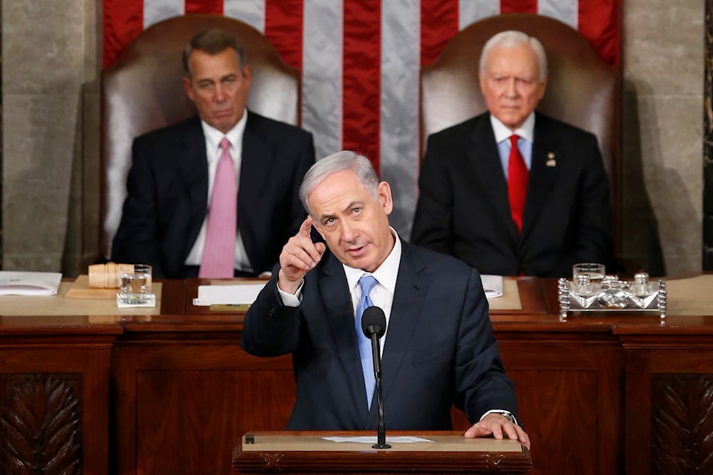 FILE - Israeli Prime Minister Benjamin Netanyahu gestures while speaking before a joint meeting of Congress on Capitol Hill in Washington, March 3, 2015. (AP )