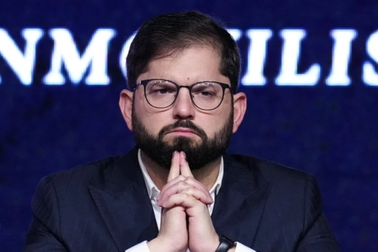 Chile's President Gabriel Broic attends the inauguration of the annual National Meeting of Entrepreneurs in Santiago, Chile, April 25, 2024 (AP/Esteban Felix)