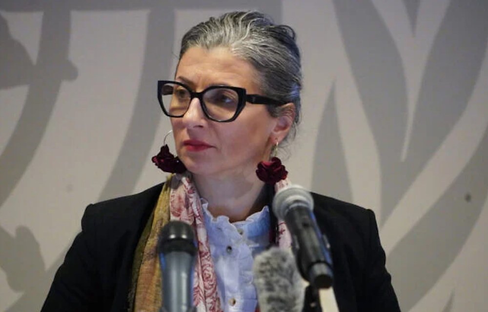 UN Special Rapporteur on the Rights Situation in the Palestinian Territories Francesca Albanese holds a press conference at the UN City in Copenhagen, Denmark on February 5, 2025 