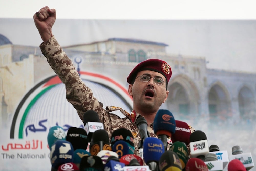 Yemeni Armed Forces spokesperson Brigadier General Yahya Saree speaks at a rally against the US and the Israeli occupation in Sanaa, Yemen, Friday, April 18, 2025 (AP)