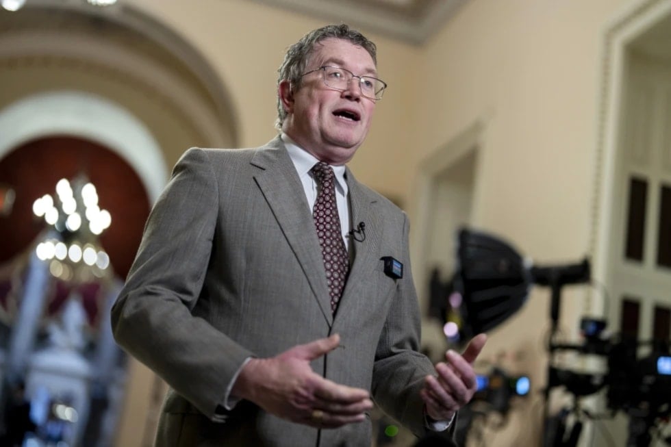 Republican Thomas Massie of Kentucky speaks during a TV news interview at the Capitol in Washington, Friday, Jan. 12, 2024 (AP/J. Scott Applewhite)