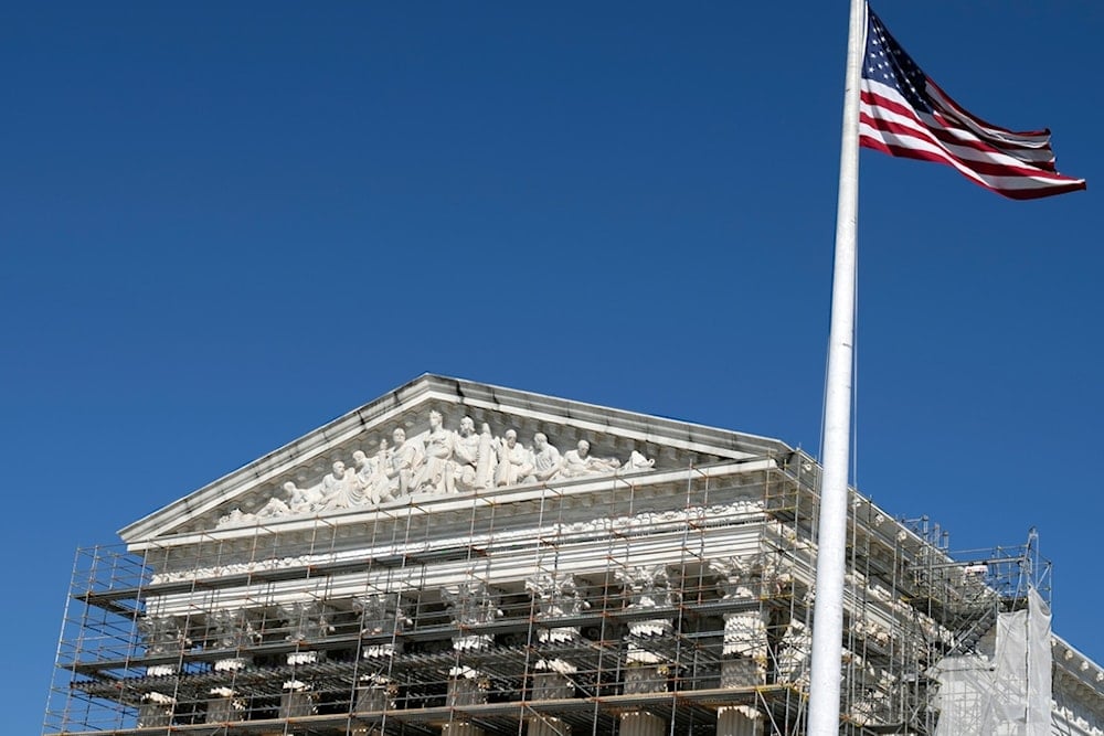 Construction scaffolding is in place at the Supreme Court Tuesday, April 1, 2025, in Washington. (AP Photo/Rahmat Gul)