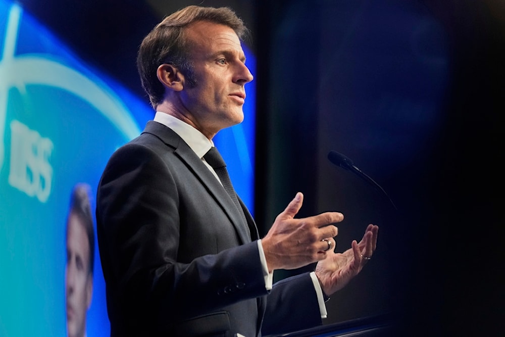 French President Emmanuel Macron delivers his speech during the 22nd Shangri-La Dialogue summit in Singapore, Friday, May 30, 2025. (AP Photo/Anupam Nath)