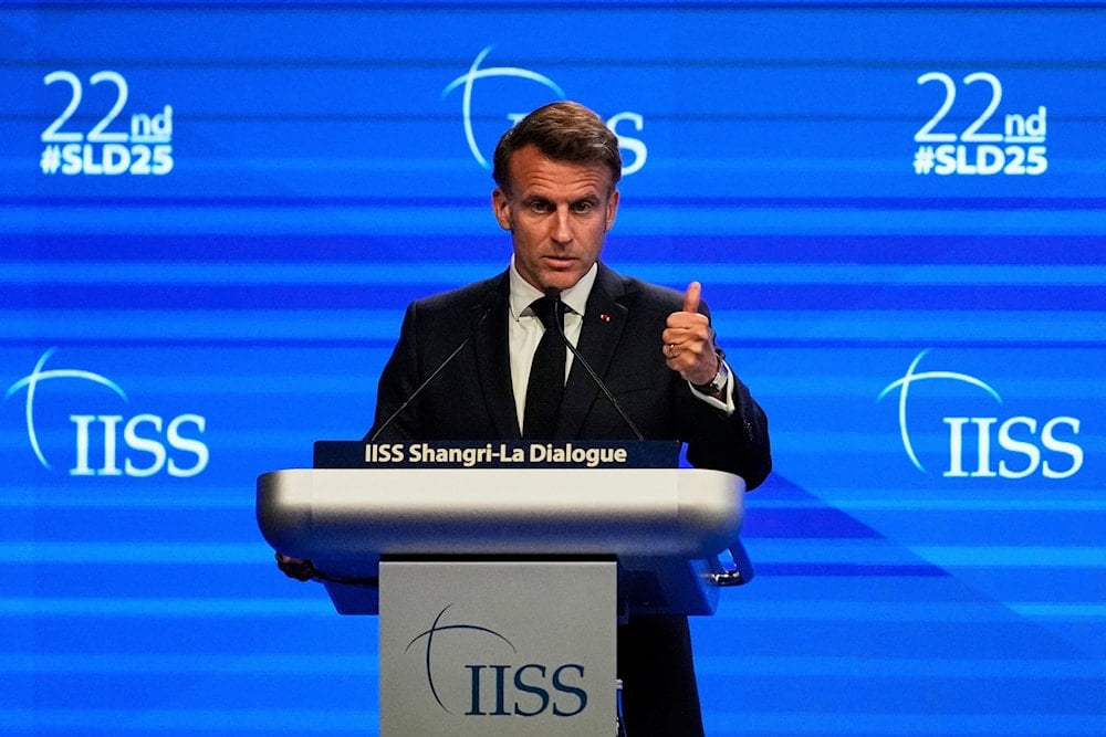 French President Emmanuel Macron delivers his speech during the 22nd Shangri-La Dialogue summit in Singapore, Friday, May 30, 2025 (AP)